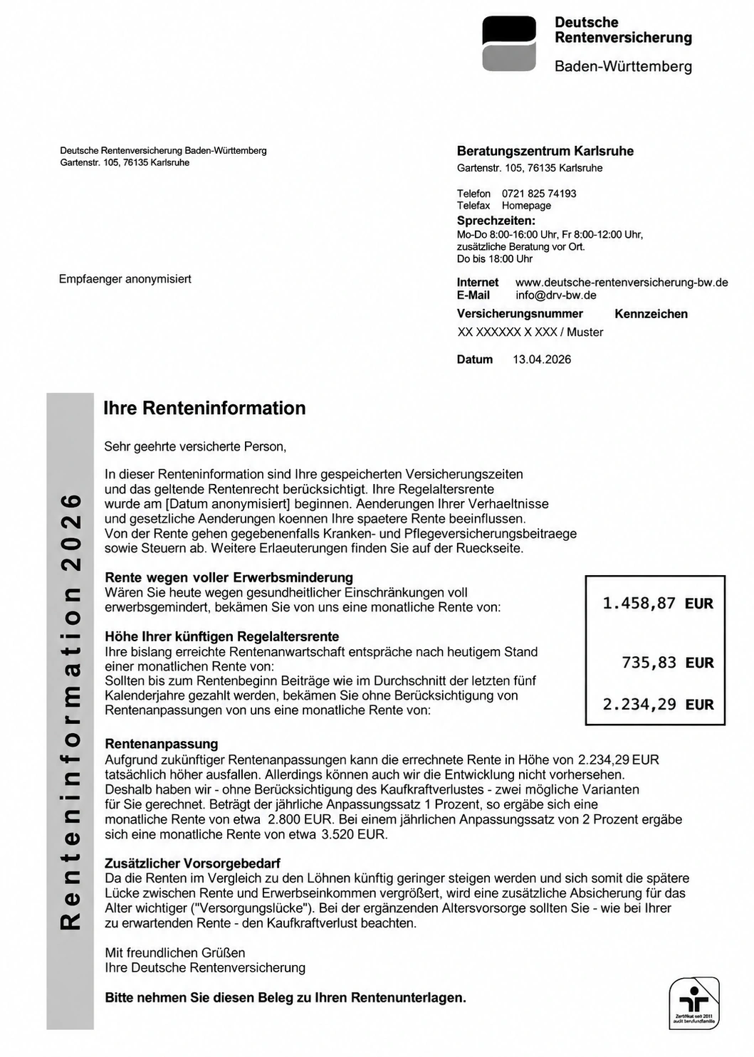 Anonymisierte Renteninformation 2026, erste Seite mit Rentenbetr&auml;gen.