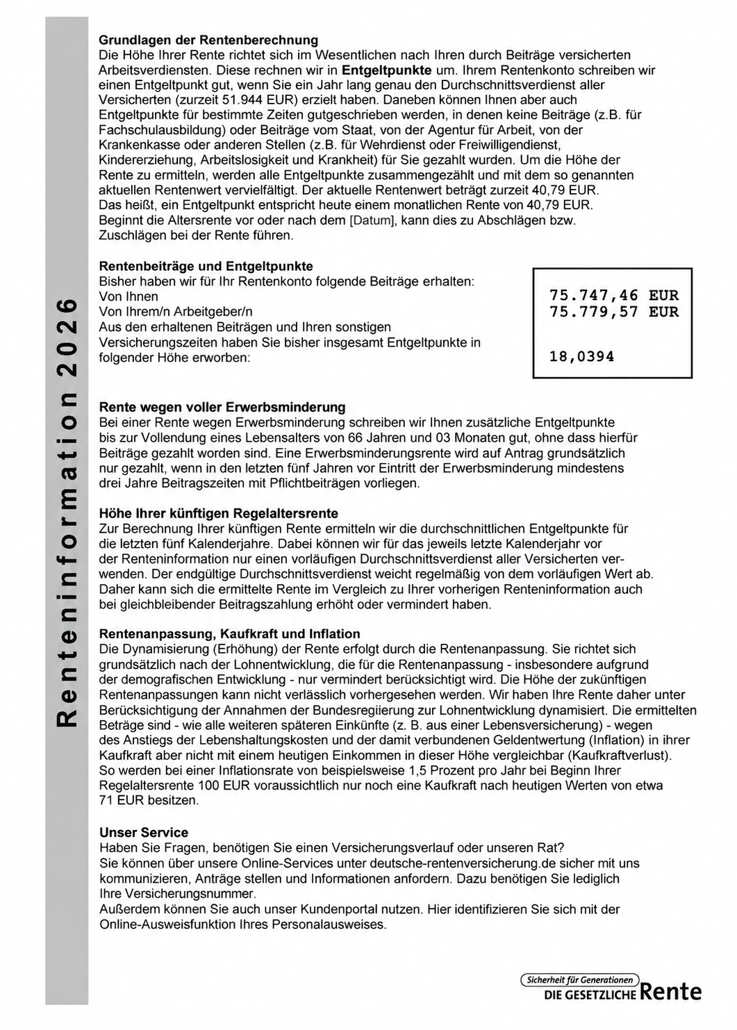 Anonymisierte Renteninformation 2026, zweite Seite mit Entgeltpunkten, Rentenwert und Kaufkraft.