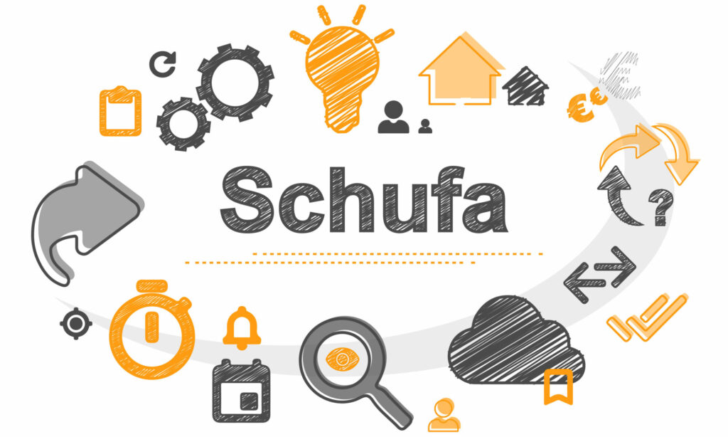 Schaubild mit dem Wort SCHUFA und Symbolen zu Finanzen und Bonität