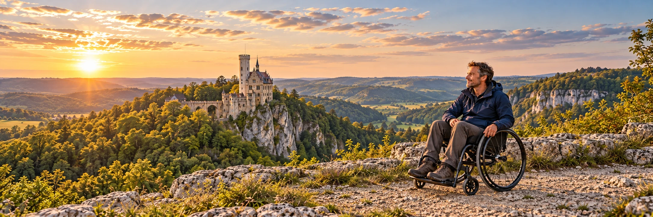 Mann im Rollstuhl mit Blick auf Schloss Lichtenstein und die Landschaft der Schw&auml;bischen Alb &ndash; KI-generierte Szene