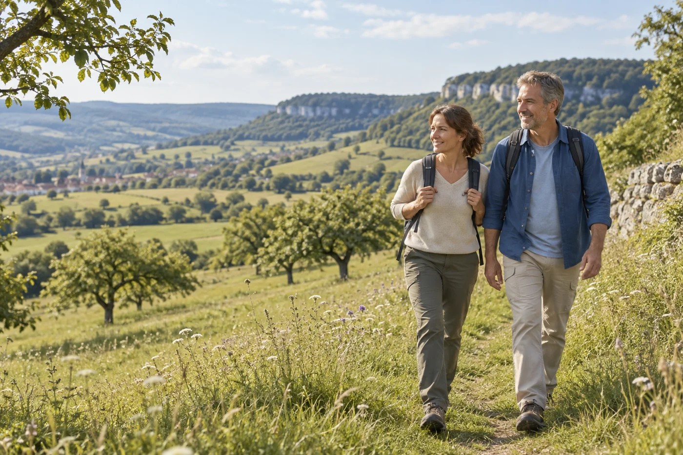 Paar auf einem Wanderweg in einer von der Schw&auml;bischen Alb inspirierten Landschaft &ndash; KI-Symbolbild