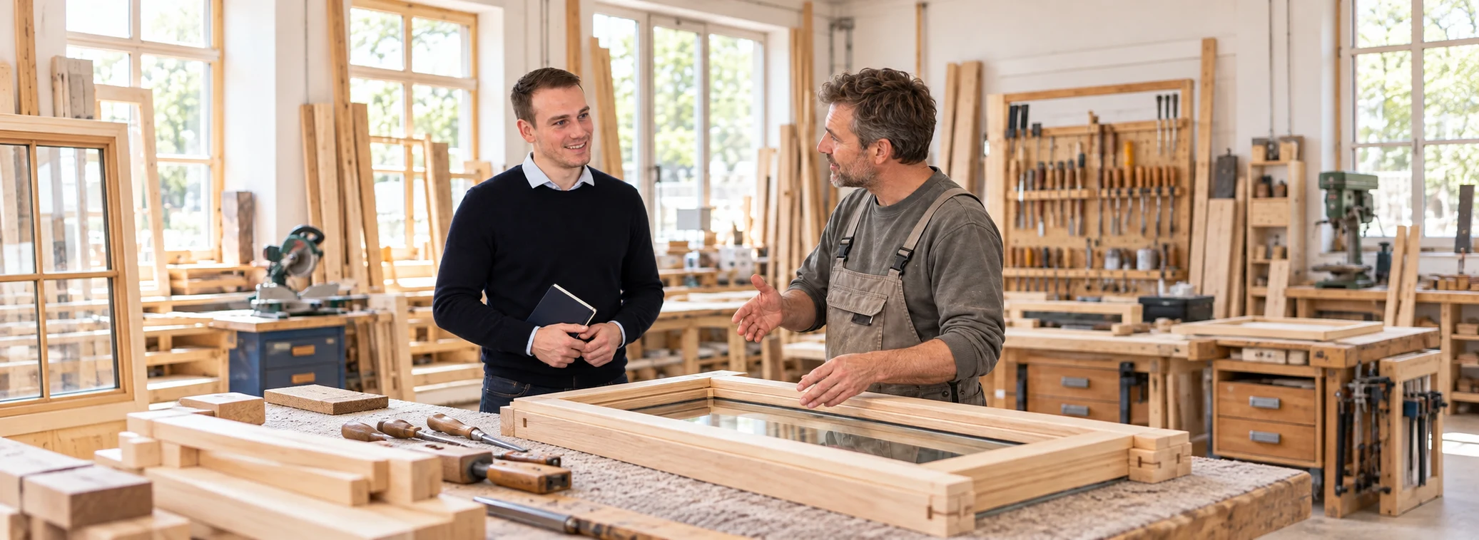 Illustrative Szene: Christoph Bechtle l&auml;sst sich bei einem Au&szlig;entermin die Arbeit eines Tischlers erkl&auml;ren