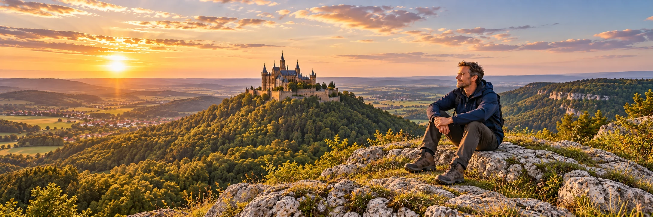 Mann auf einem Aussichtsfelsen mit Burg Hohenzollern im Hintergrund &ndash; KI-generierte Szene