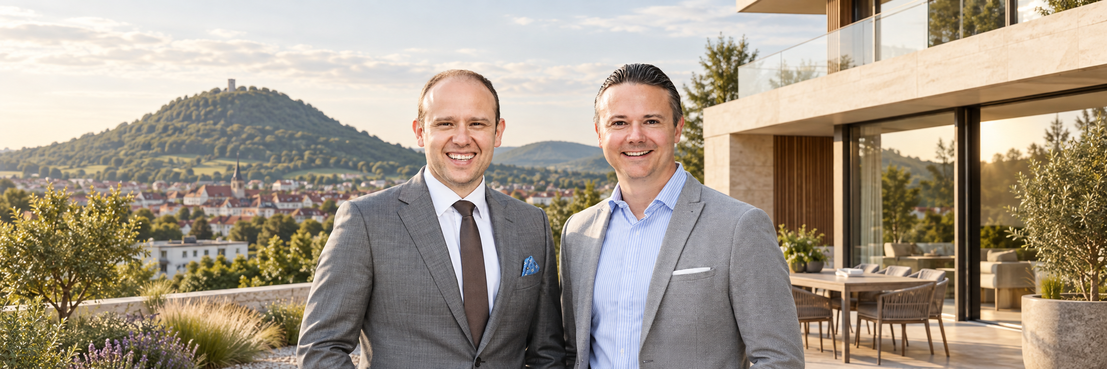 Slobodan Starcevic und Paul-Jakob Sendler in einer gestalteten Szene mit Achalm und moderner Villa