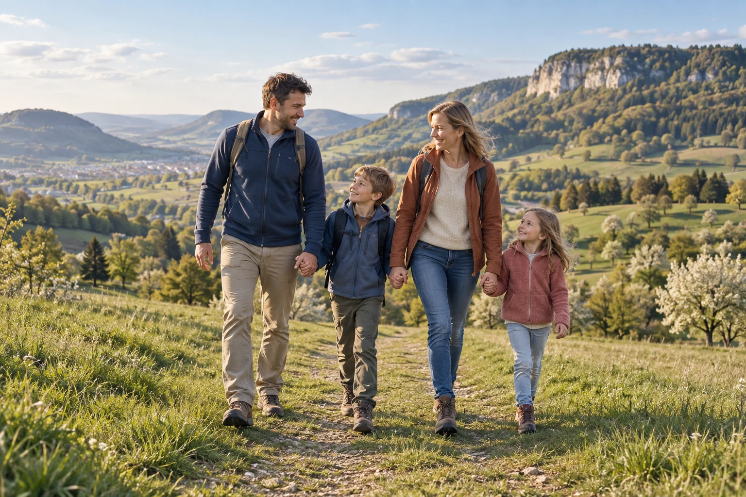 Illustrative Familienszene am bewaldeten Albtrauf