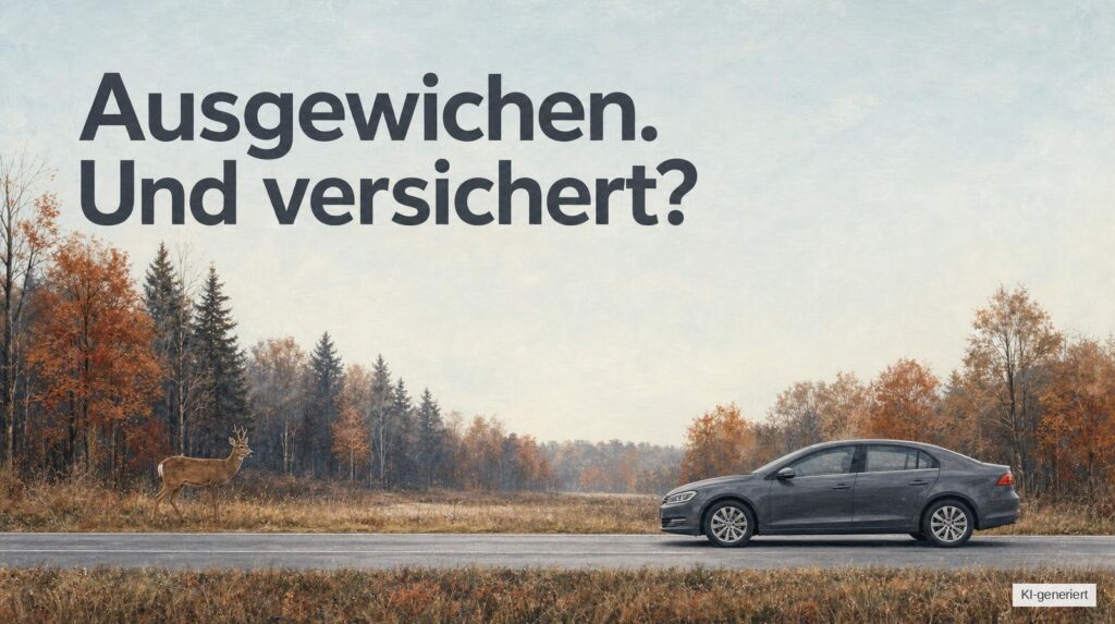 Illustration eines Autos auf einer Landstraße und eines räumlich getrennten Rehs am Waldrand, ohne Tierkontakt.