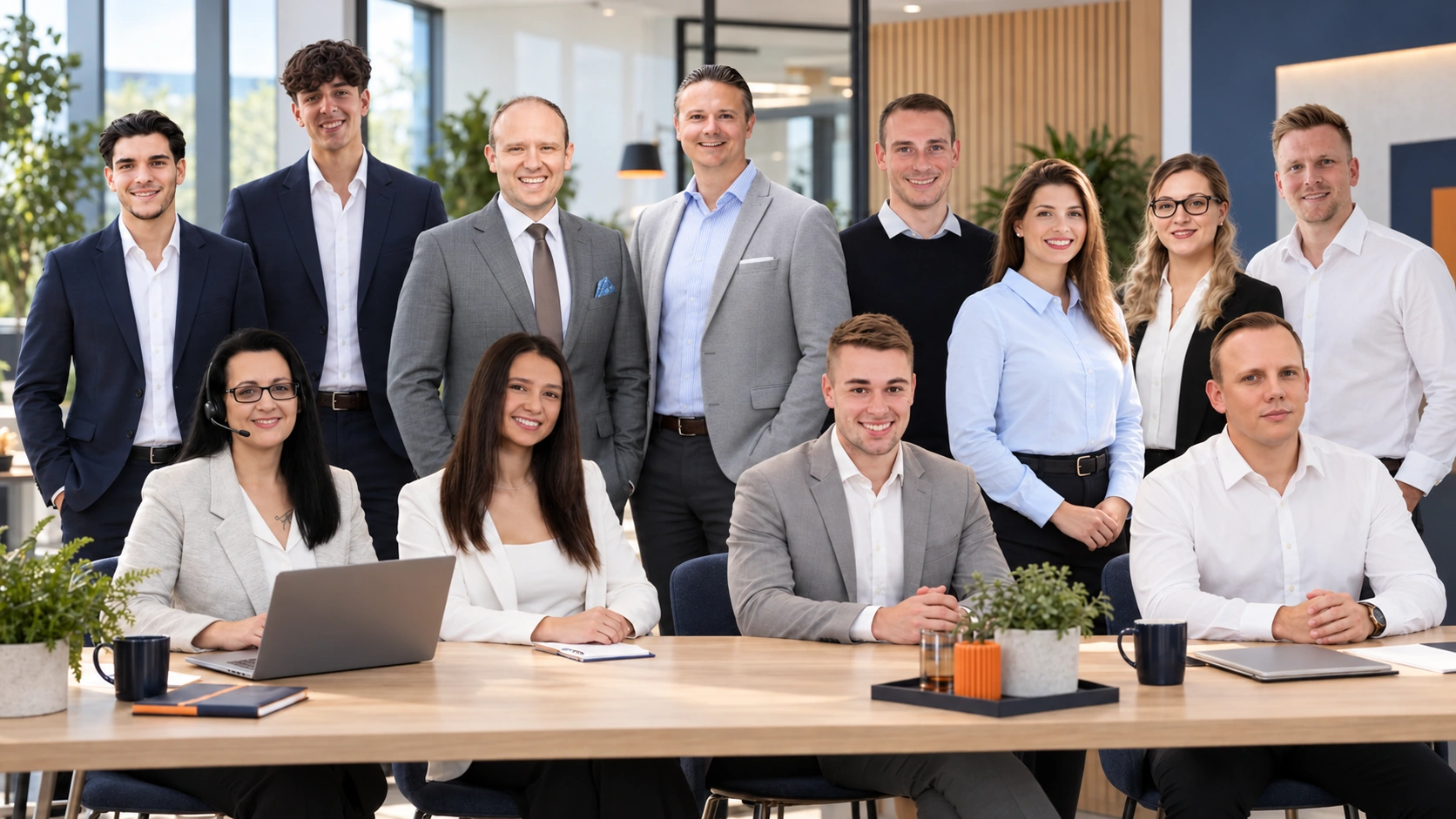 KI-generierte Illustration des albfinanz-Teams im Büro