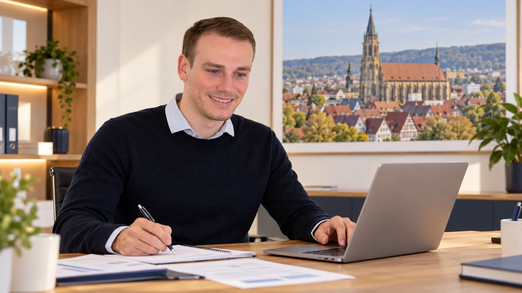 Christoph Bechtle bearbeitet digital eingegangene Unterlagen zur Pflegevorsorge; ein Reutlinger Stadtmotiv im Hintergrund.