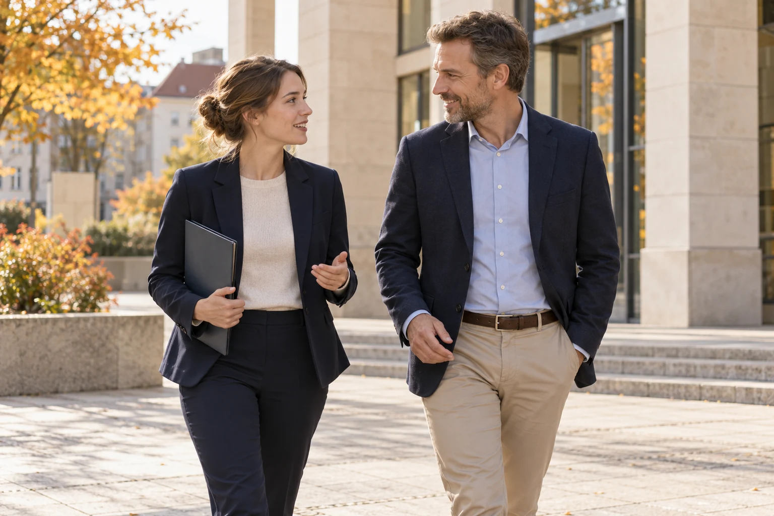 Junge Berufseinsteigerin und erfahrener Kollege im Gespräch vor einem Verwaltungsgebäude – Symbolbild