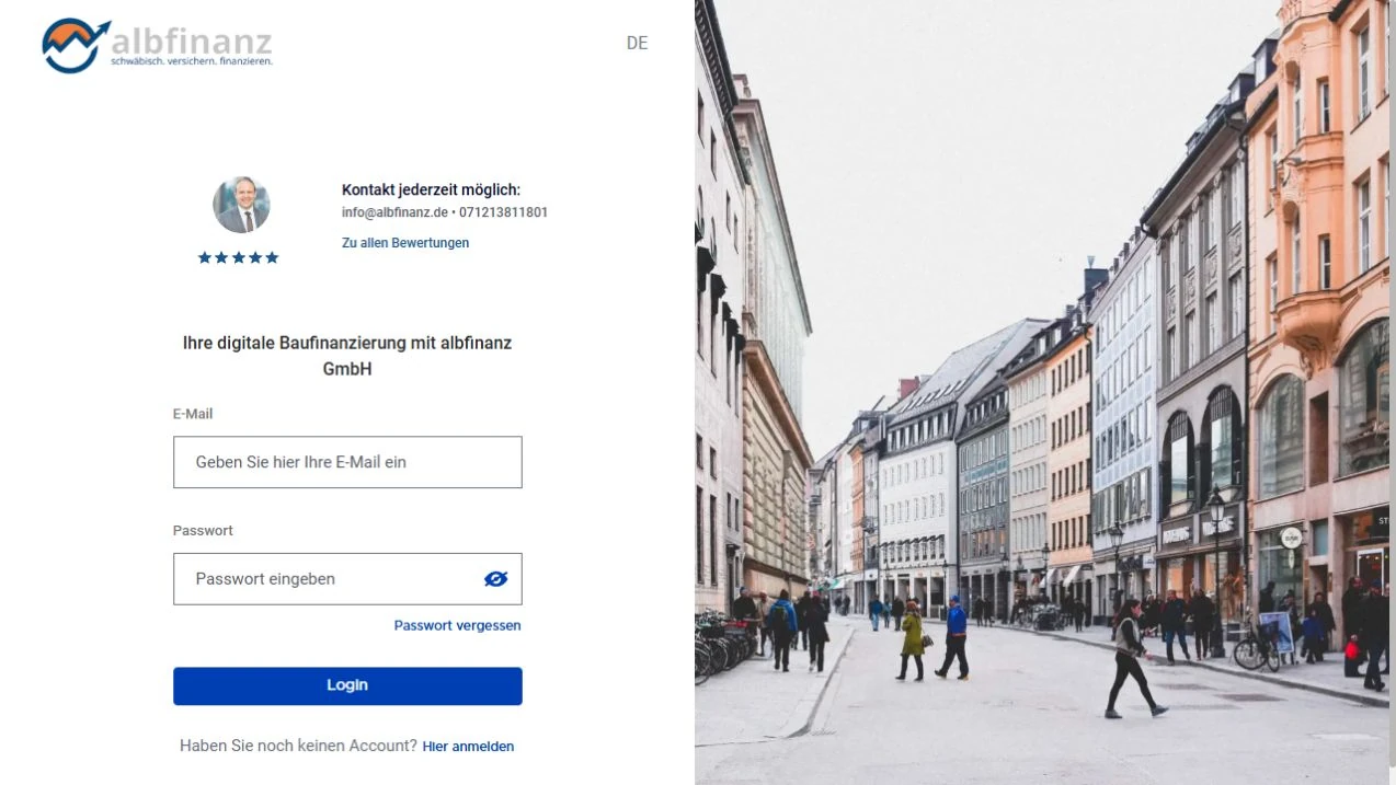 Anmeldeseite des albfinanz Kundenportals mit E-Mail, Passwort und Passwort-vergessen-Link