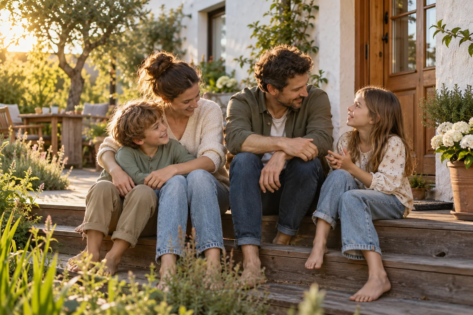 Eine Familie mit zwei Kindern genießt einen gemeinsamen Moment auf der Terrasse ihres Zuhauses