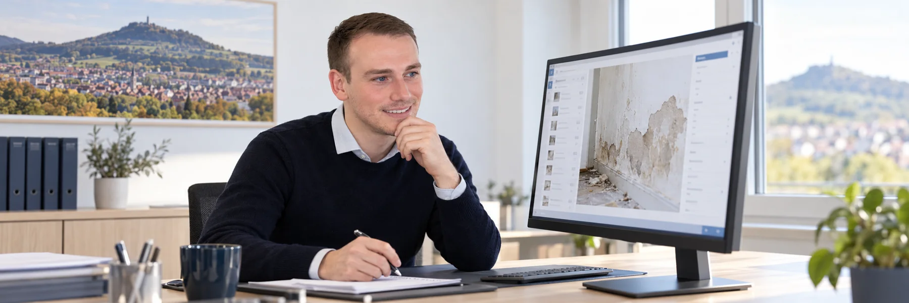 Christoph Bechtle bearbeitet eine digital eingegangene Gebäudeschadenmeldung – KI-gestaltete Szene