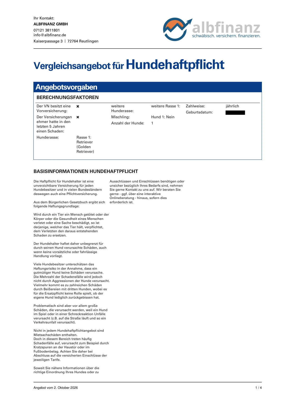 Anonymisierter Hundehaftpflicht-Leistungsvergleich &ndash; Seite 1 von 4