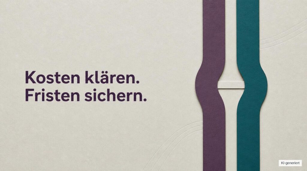 Zwei parallel verlaufende Papierbänder verdeutlichen die Abstimmung von Kostenklärung und Fristsicherung. Bildüberschrift: Kosten klären. Fristen sichern.