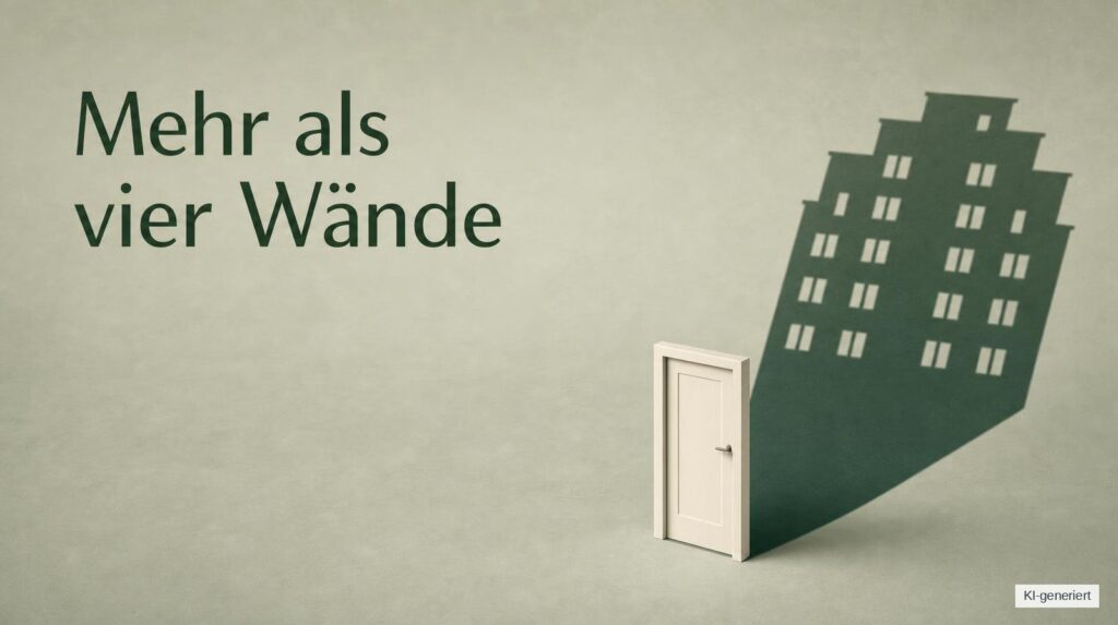 Eine einzelne Wohnungstür wirft den Schatten eines Mehrfamilienhauses: Beim Wohnungskauf zählt auch die Gemeinschaft dahinter.