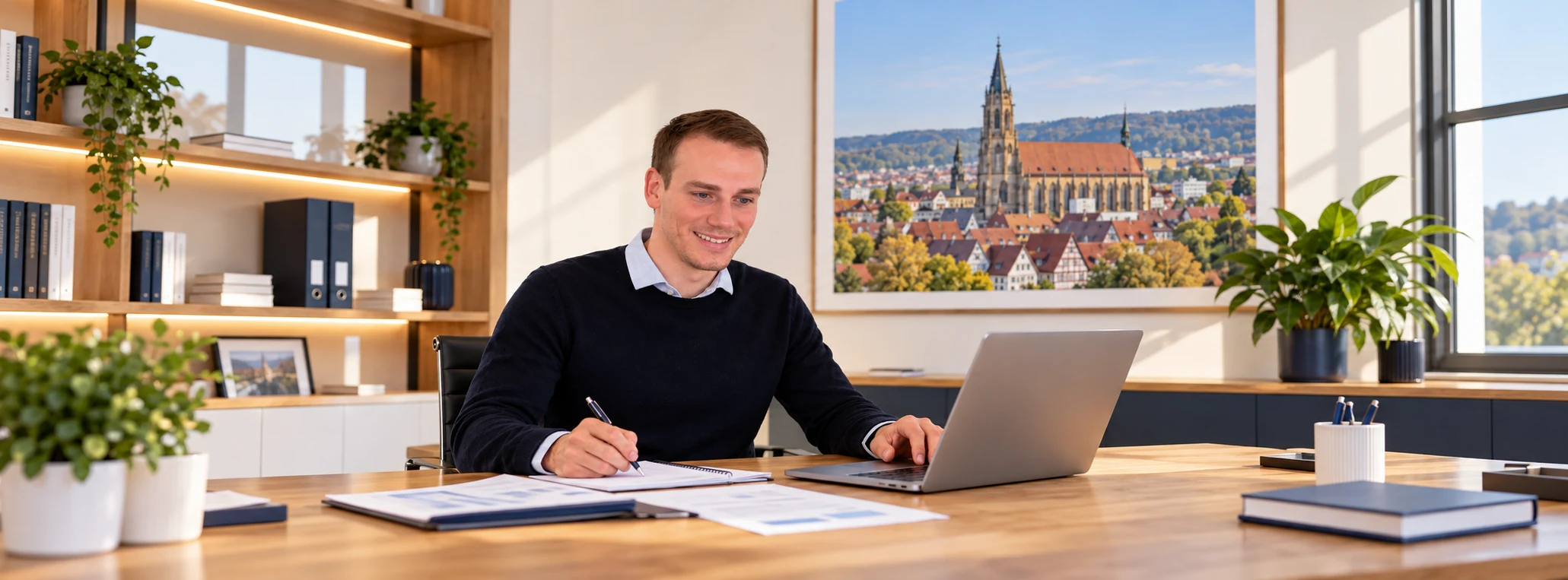 Christoph Bechtle pr&uuml;ft Unterlagen zur Pflegevorsorge &ndash; illustrative Beratungsszene