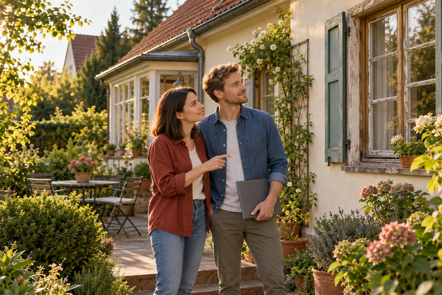 Ein jüngeres Paar betrachtet bei einer Besichtigung die Holzfenster eines älteren Hauses.