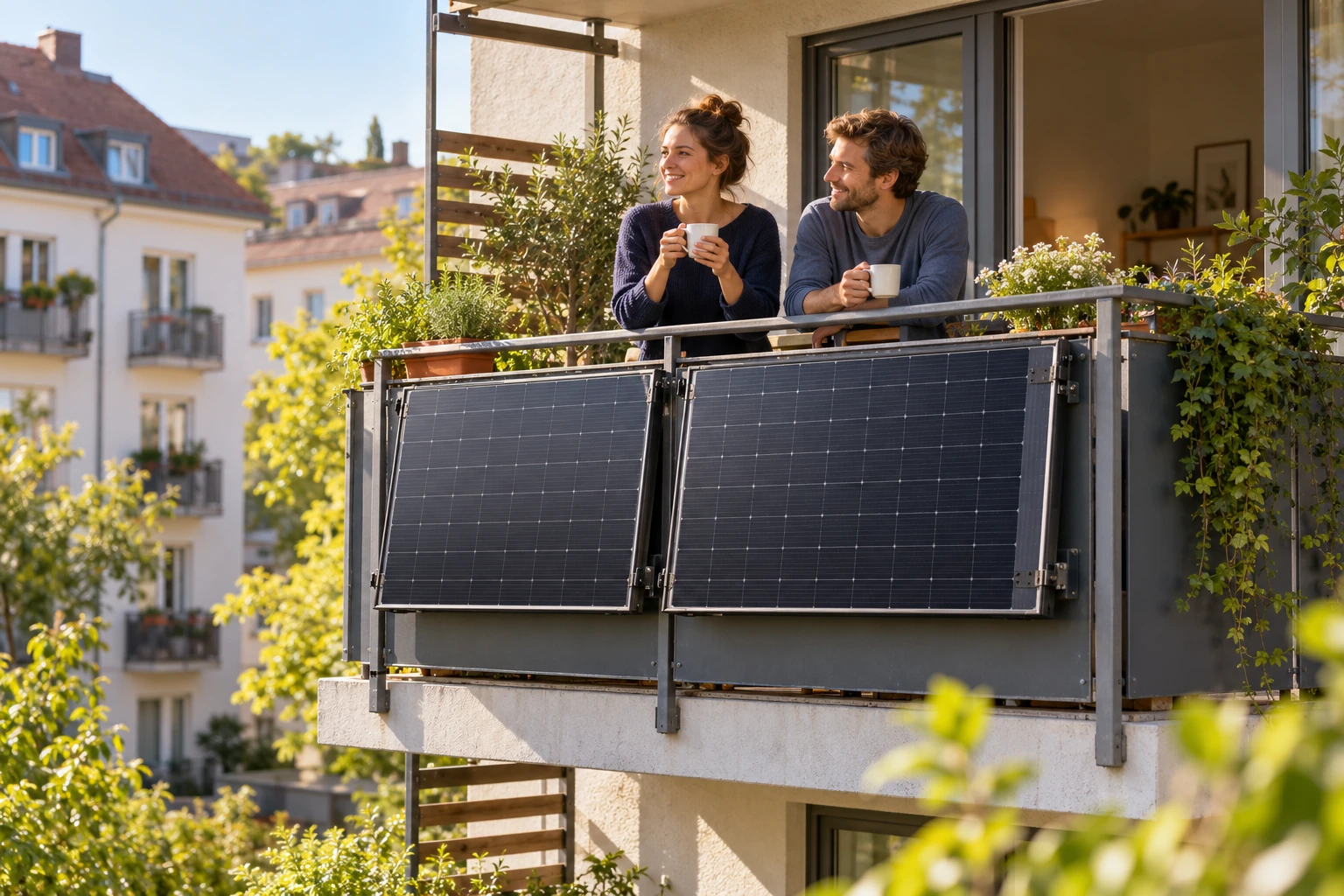 Ein Paar trinkt Kaffee auf seinem Balkon mit zwei außen am Geländer befestigten Solarmodulen.