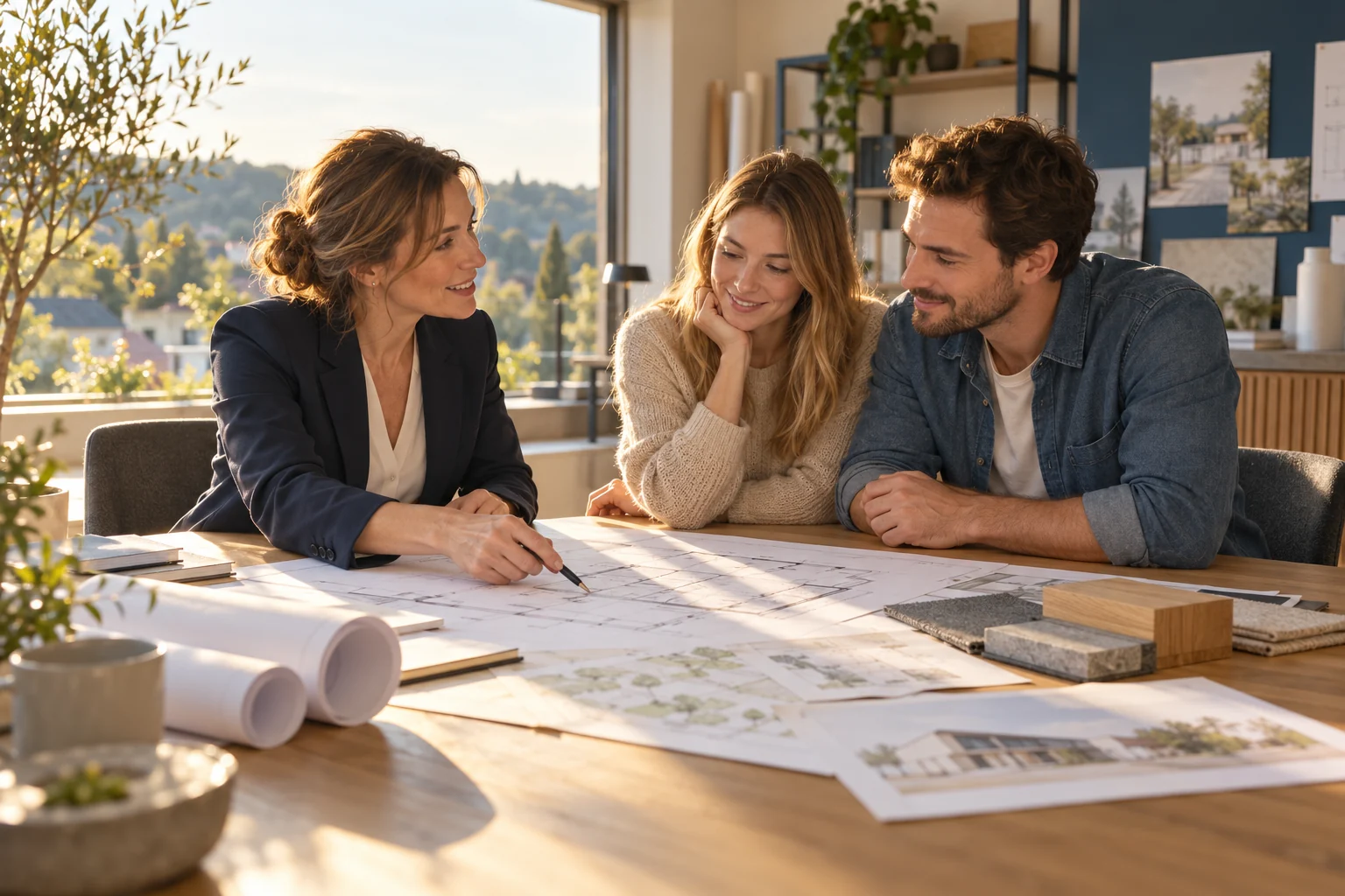 Ein Paar stimmt seine Hausplanung mit einer Architektin am Besprechungstisch ab.