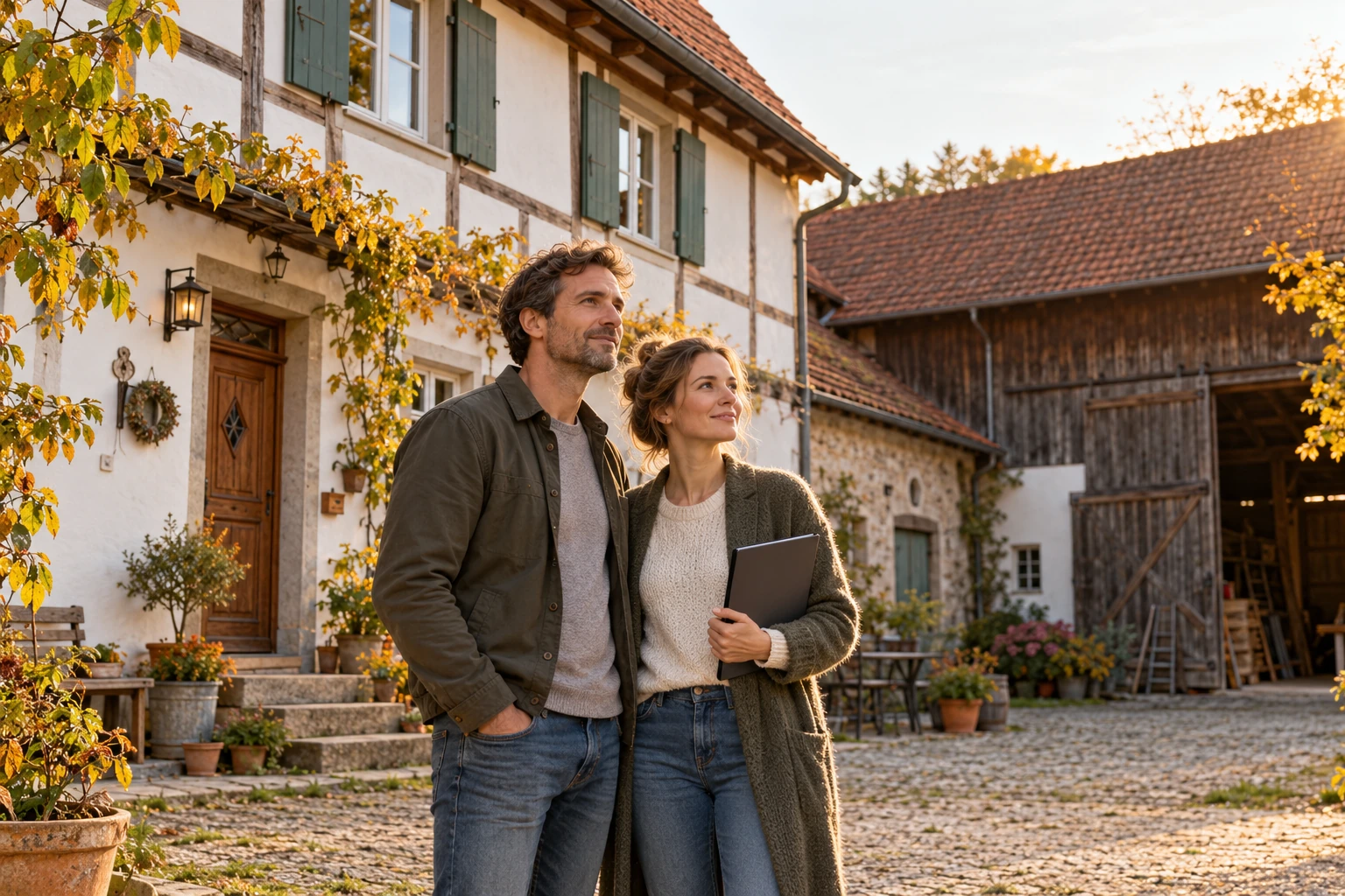 Ein Paar steht im warmen Abendlicht vor einem traditionellen Bauernhaus mit angrenzender Scheune.
