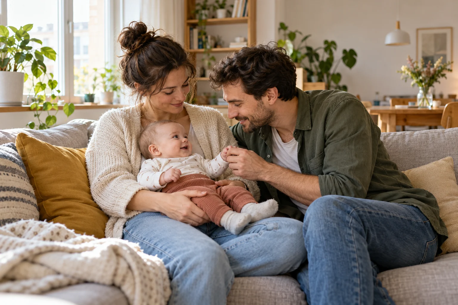 Eltern sitzen mit ihrem Baby auf dem Sofa in einer hellen Wohnung.