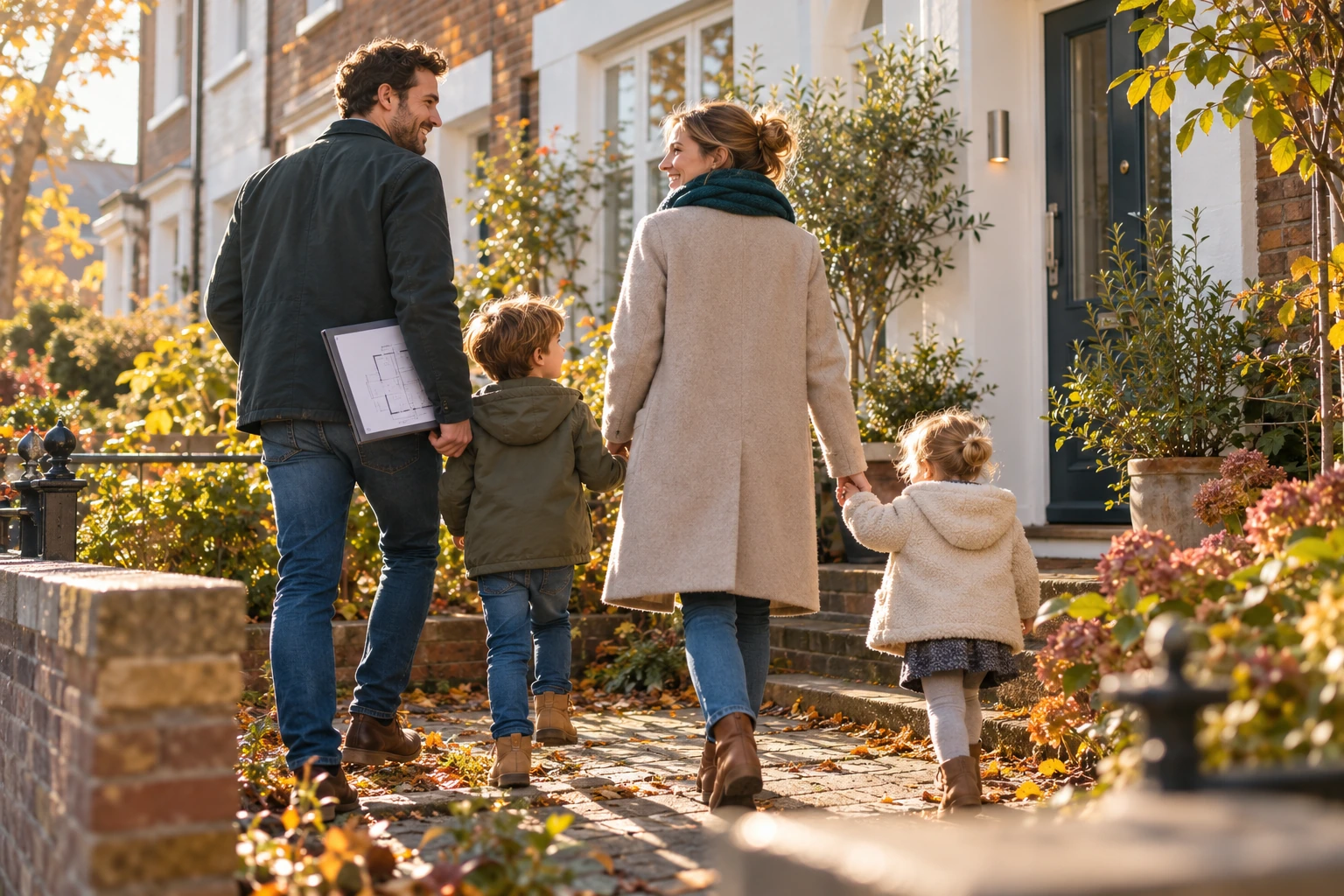 Eine junge Familie mit zwei Kindern geht gemeinsam zum Eingang eines Reihenhauses.