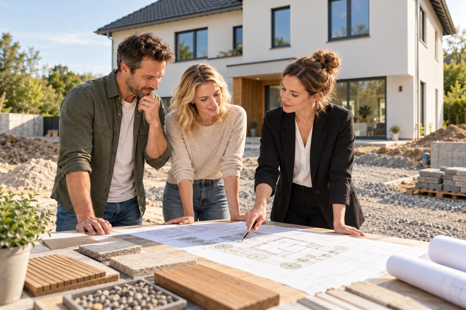 Zwei Bauherren und eine Planerin besprechen Pläne und Materialien vor einem fast fertigen Haus mit noch ungestalteten Außenflächen.