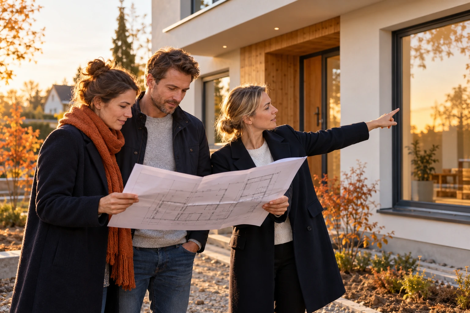 Ein Paar prüft mit einer Projektbetreuerin den Hausplan vor einem fast fertiggestellten Neubau.