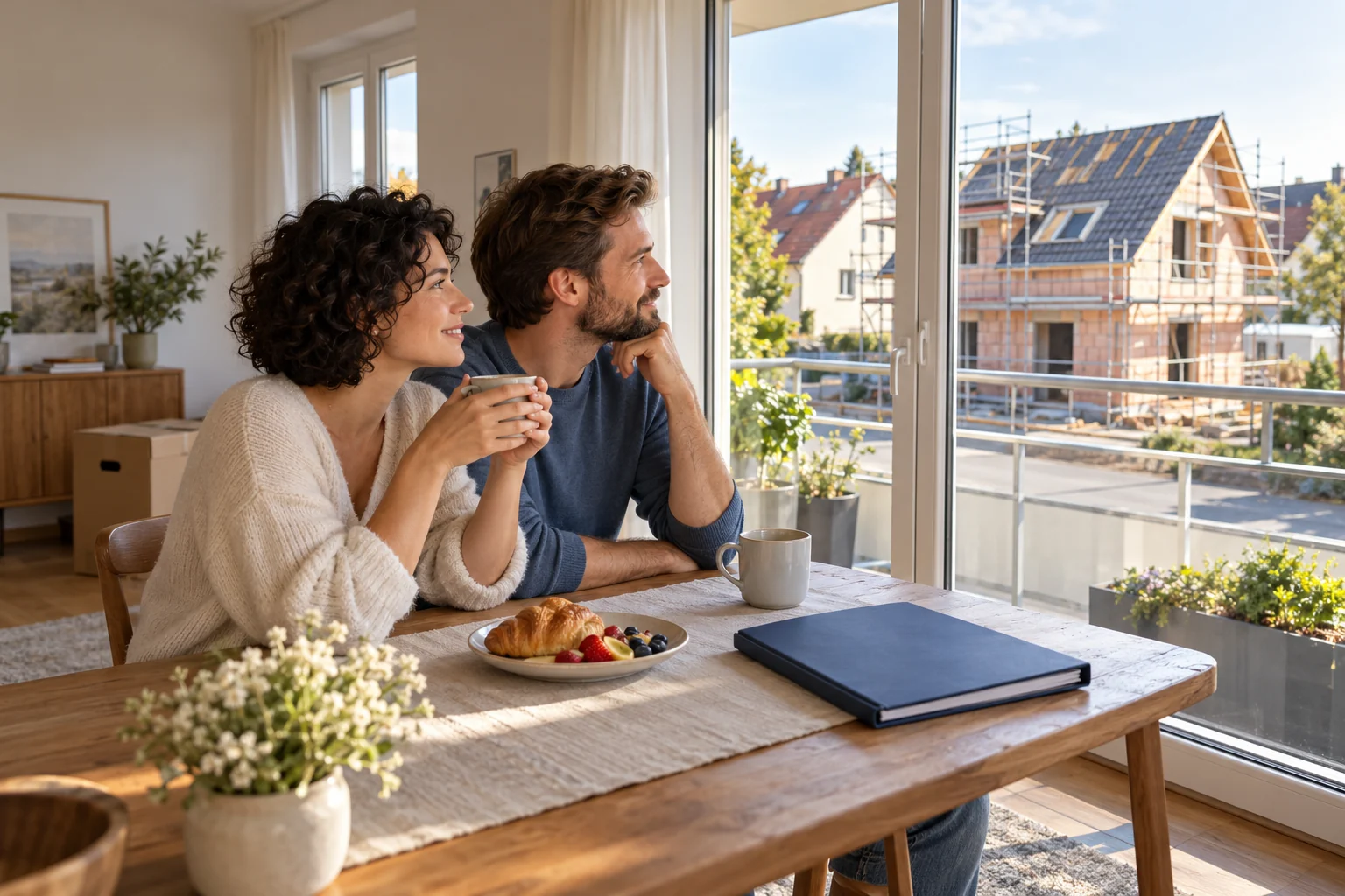 Ein Paar blickt aus seiner eingerichteten Wohnung auf ein Haus im Bau.