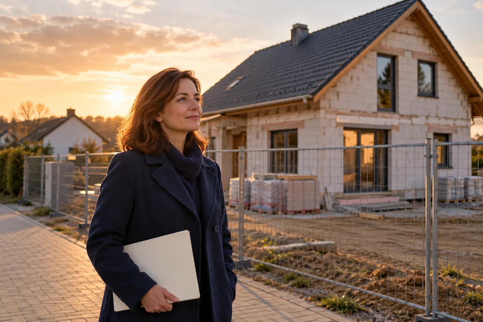 Eine Frau betrachtet vom Gehweg aus den Baufortschritt ihres noch unfertigen Hauses.
