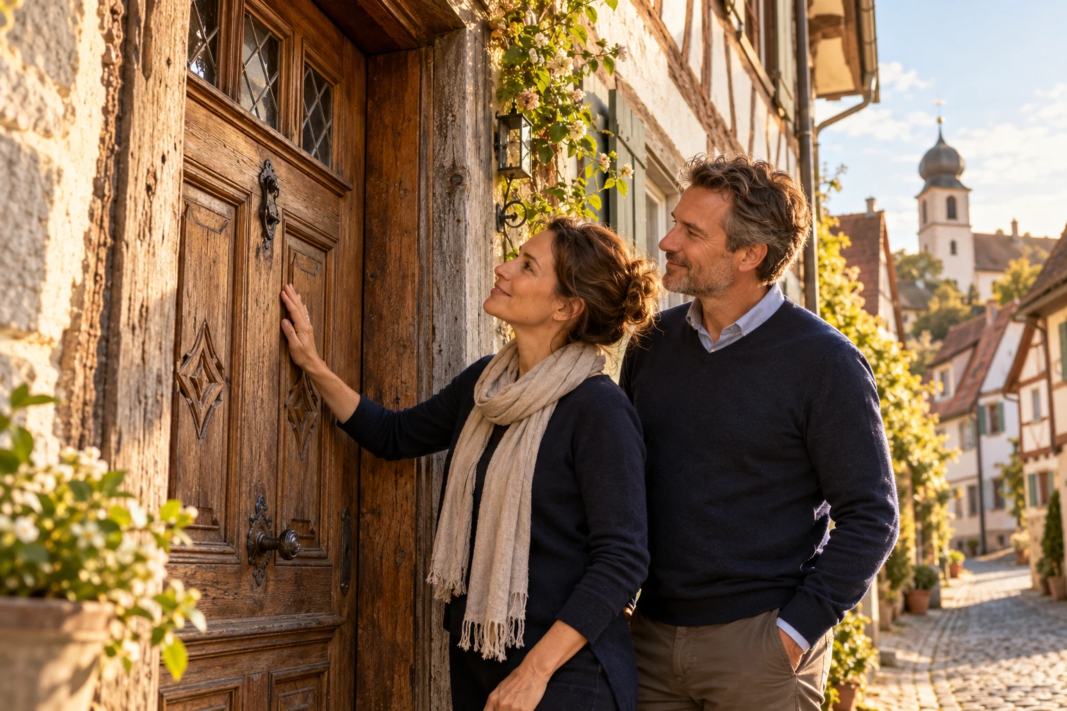 Ein Paar betrachtet gemeinsam die historische Holztür eines Fachwerkhauses.