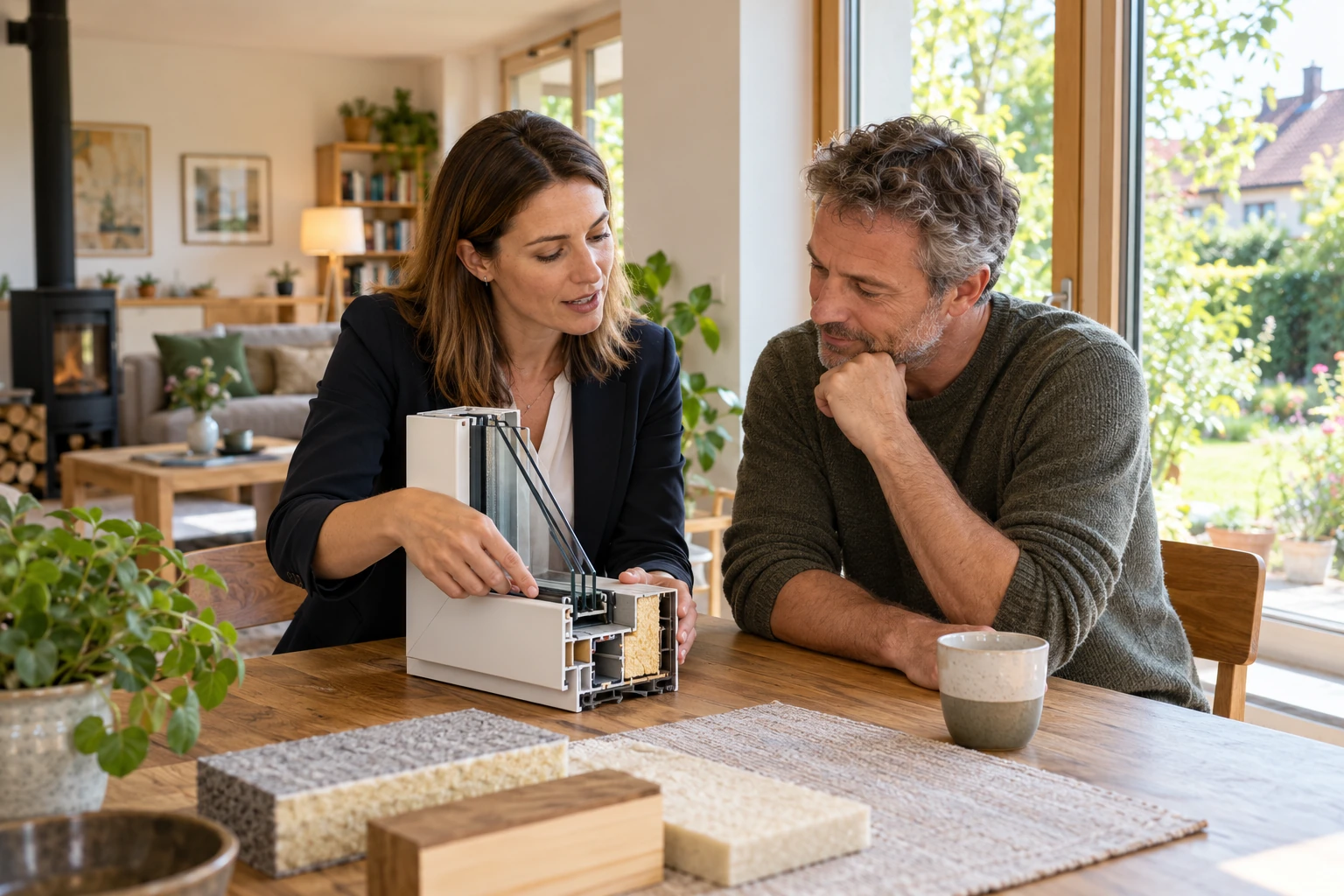 Eine Energieeffizienzexpertin erläutert einem Hauseigentümer ein Fenster- und Dämmmuster in einem hellen Wohnraum.