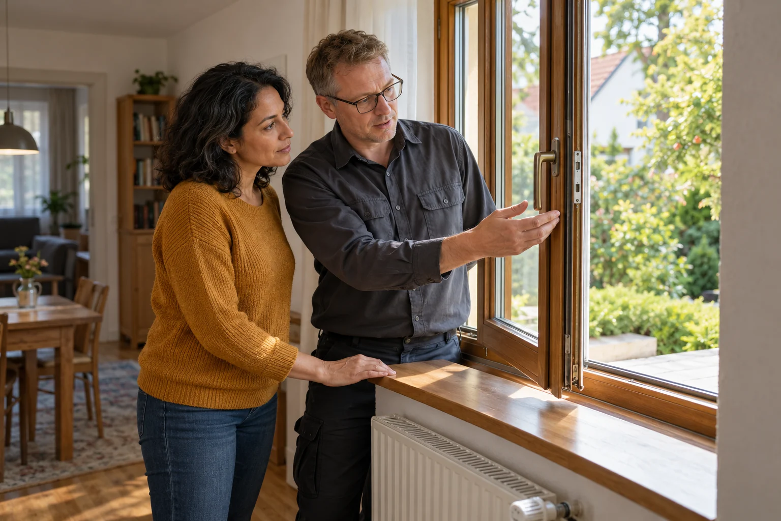 Ein Energieberater erläutert einer Eigentümerin ein Detail ihres Holzfensters.