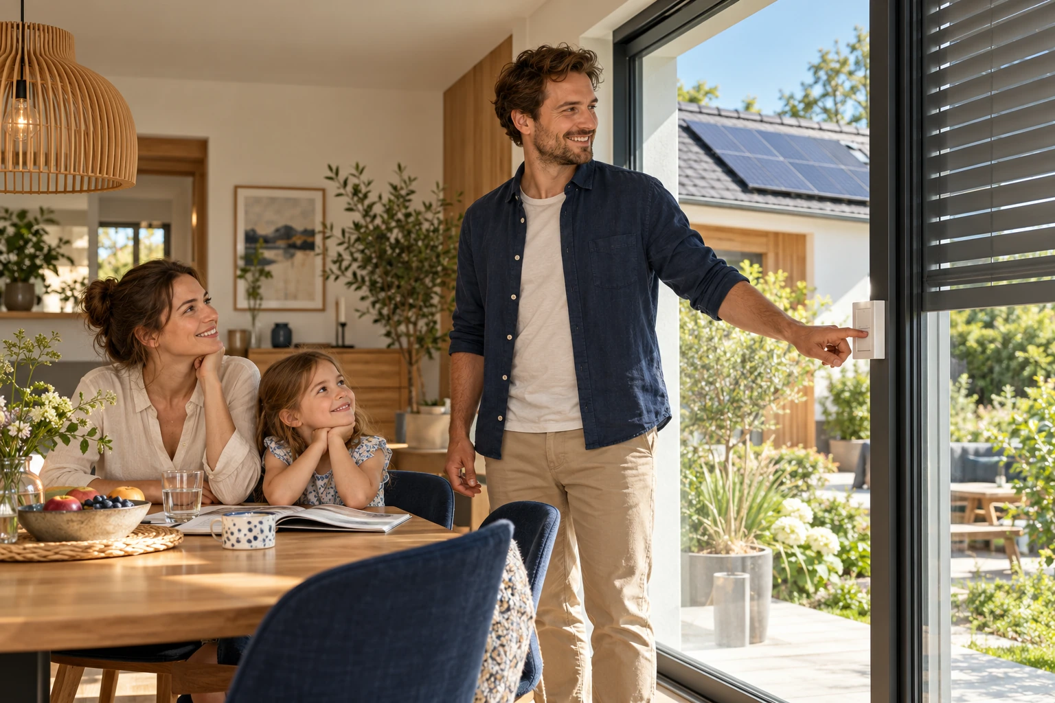 Eine Familie sitzt in einem hellen Haus, während ein Mann die außenliegende Verschattung bedient; durch das Fenster sind Solarmodule sichtbar.