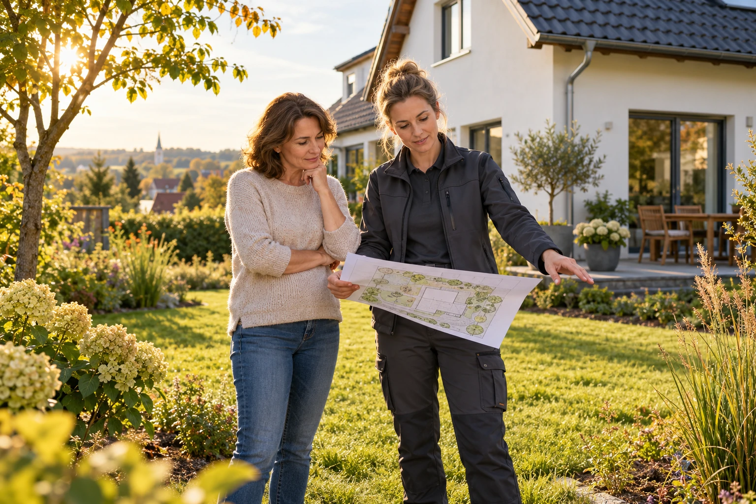 Eine Eigentümerin prüft mit einer Fachplanerin im Garten den Lageplan für eine mögliche Erdwärmenutzung.