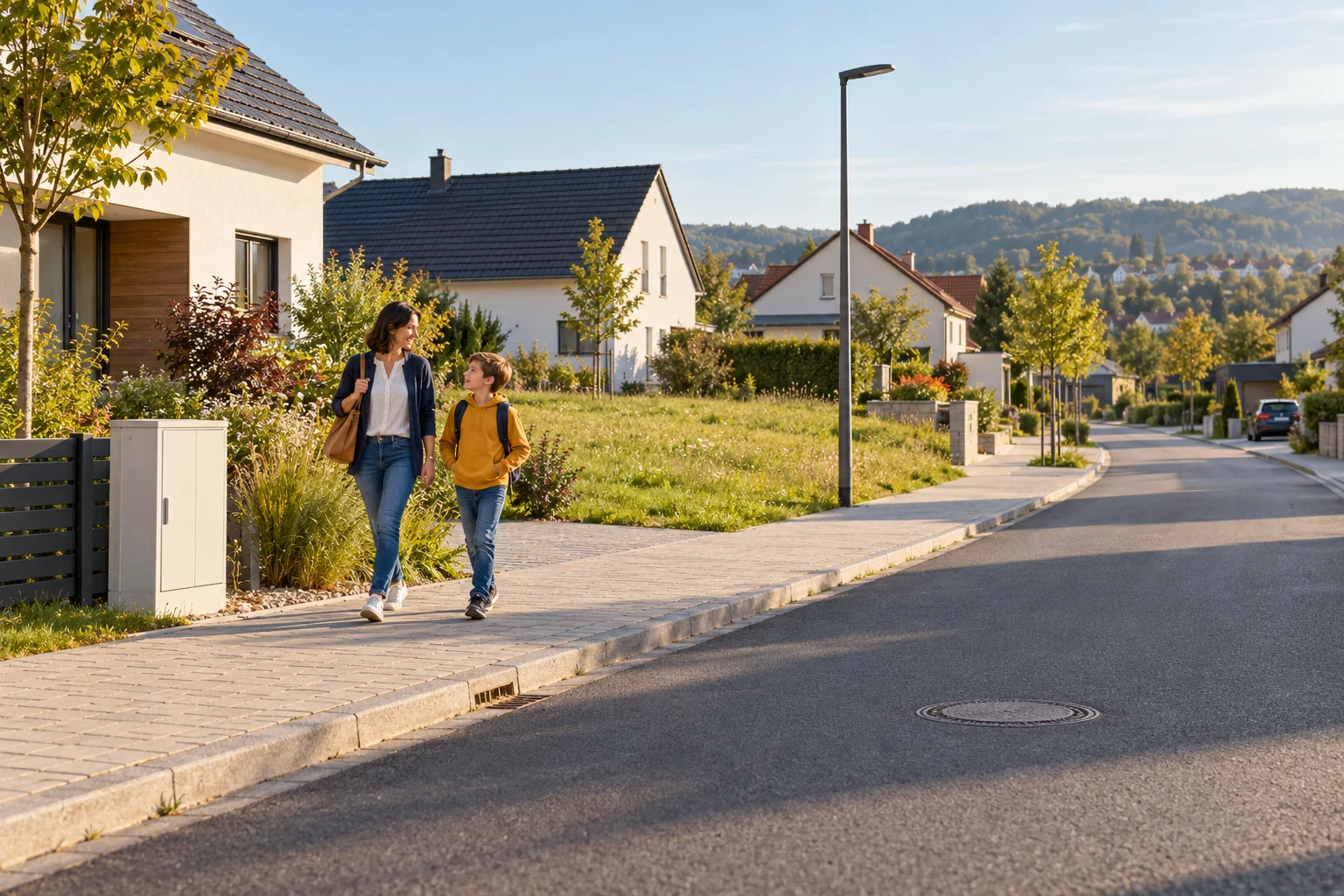 Eine Mutter und ihr Sohn gehen durch ein Wohngebiet mit ausgebauter Straße und Gehweg.