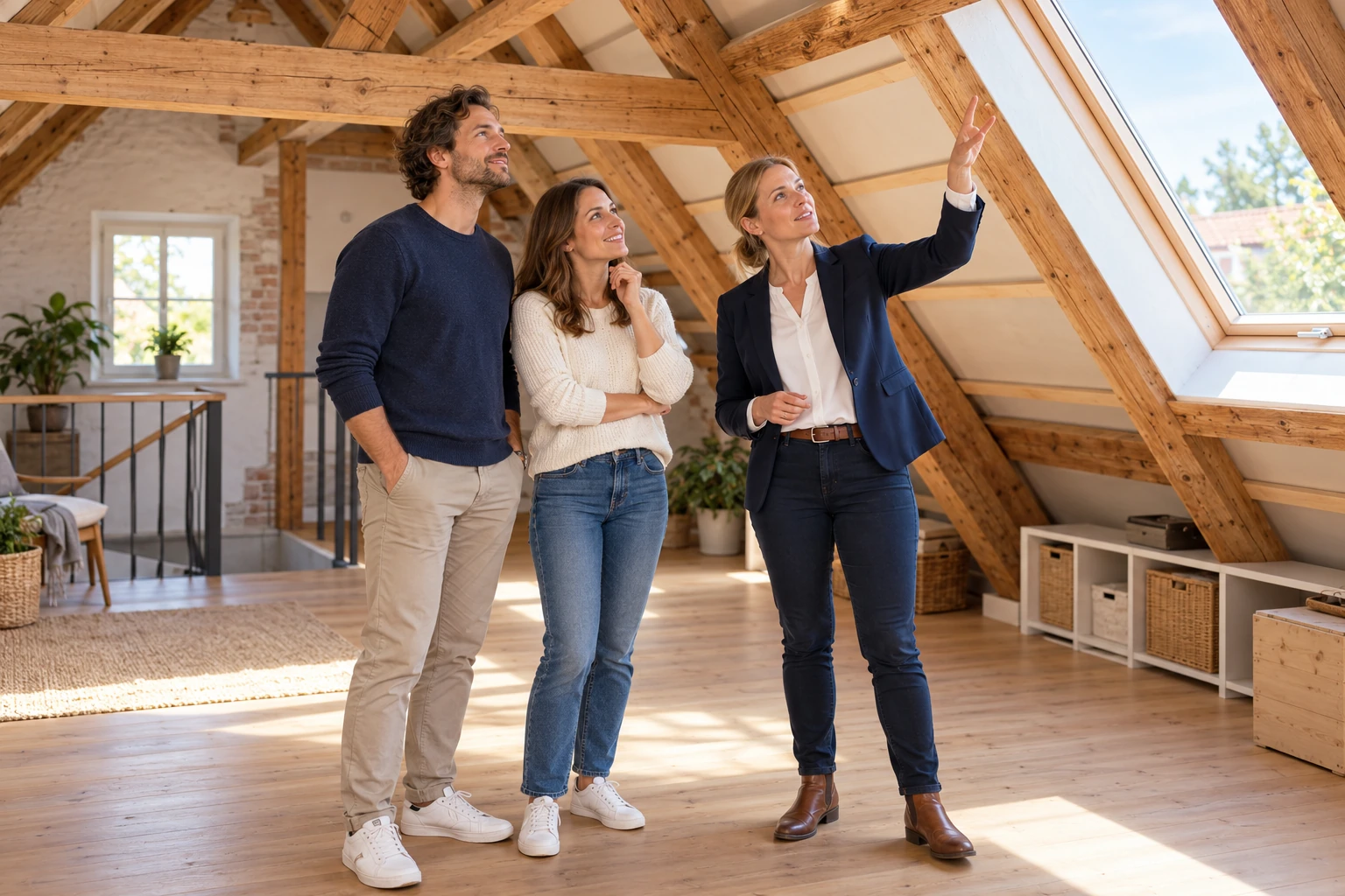 Kaufinteressenten besprechen mit einer Gebäudefachfrau den Zustand des Dachraums eines älteren Hauses.