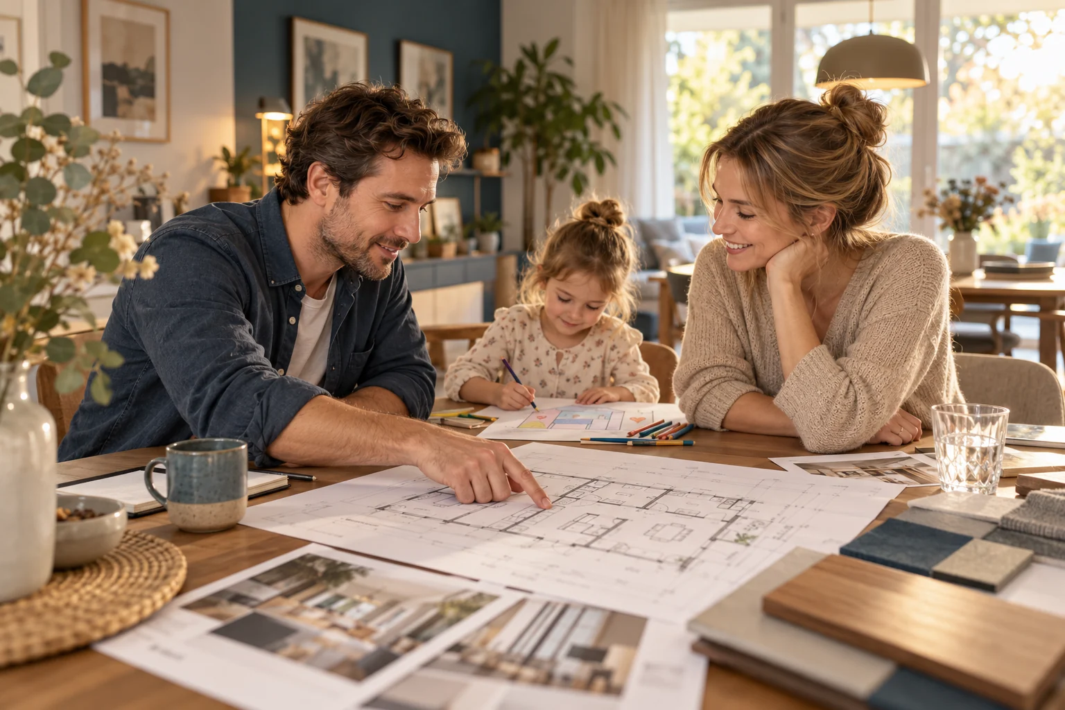 Eine Familie betrachtet gemeinsam den Grundriss ihres zukünftigen Hauses.