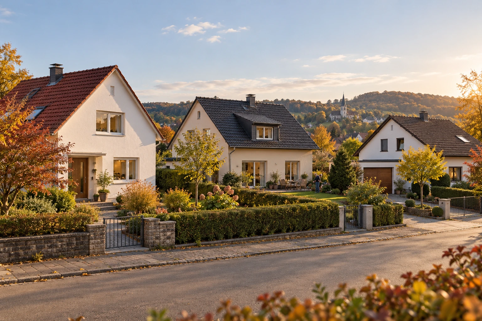 Drei Wohnhäuser mit Gärten und abgegrenzten Grundstücken in einem süddeutschen Wohngebiet im Herbst.
