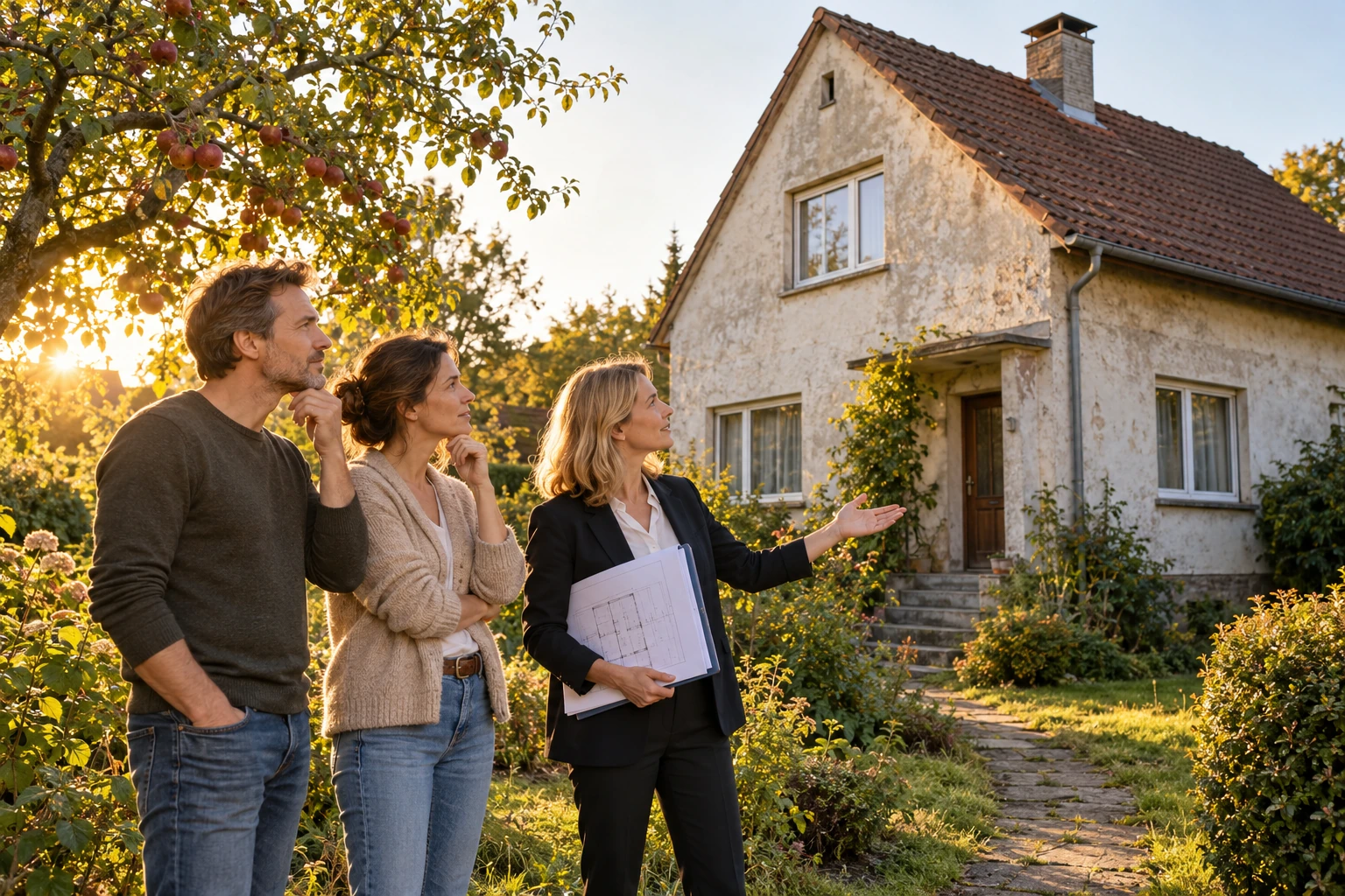 Ein Paar bespricht mit einer Architektin im Garten die Zukunft eines älteren Einfamilienhauses.