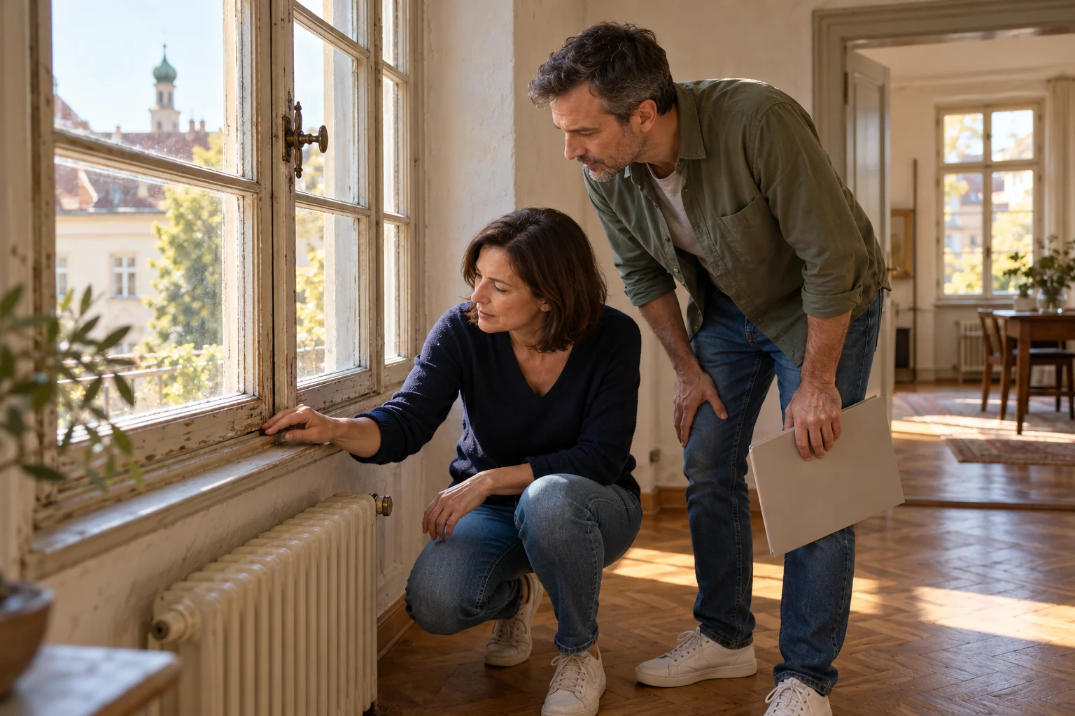 Ein Paar prüft bei der Hausbesichtigung den Zustand eines alten Holzfensters.