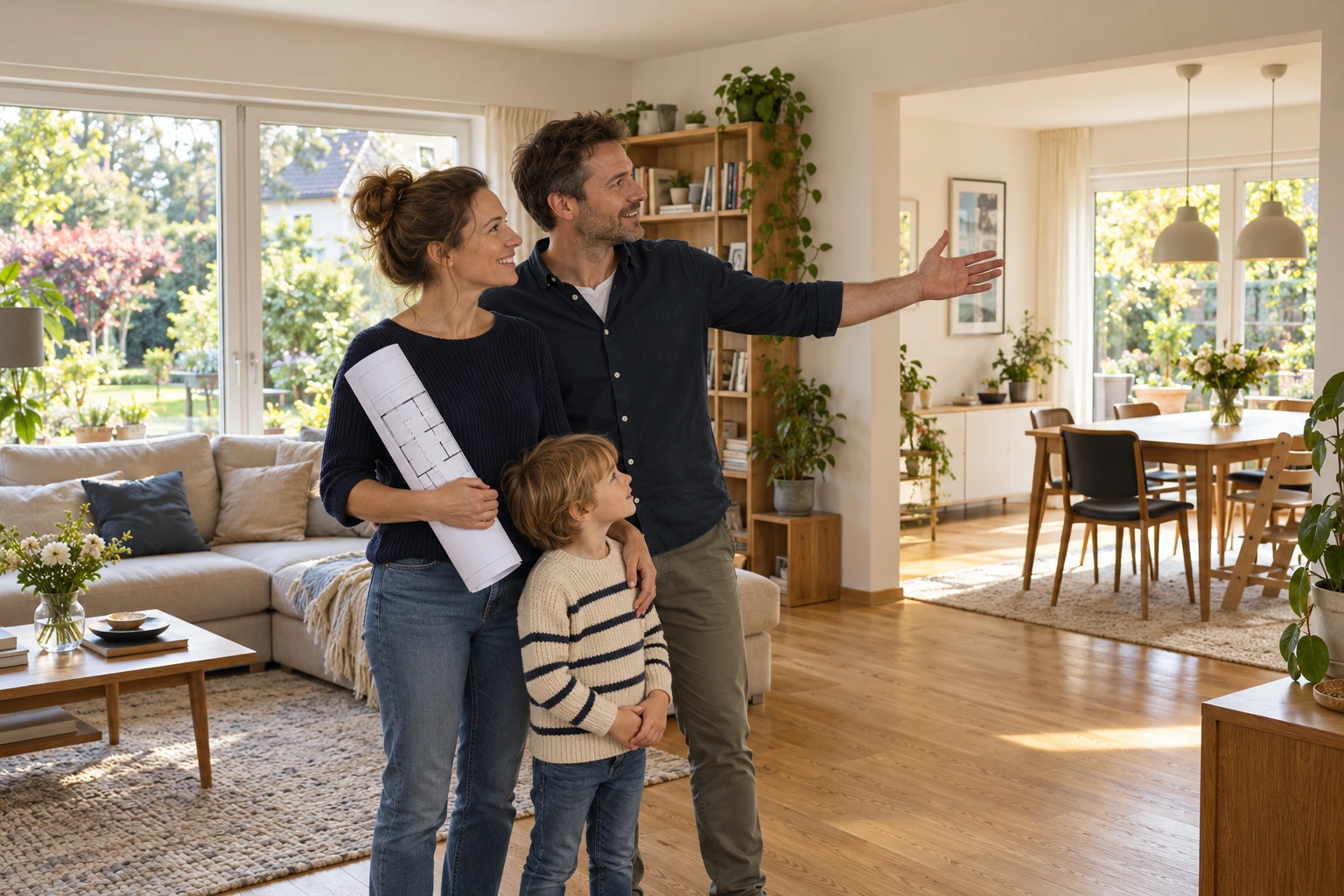 Eine Familie betrachtet mit einem Grundriss den Wohn- und Essbereich ihres Hauses.