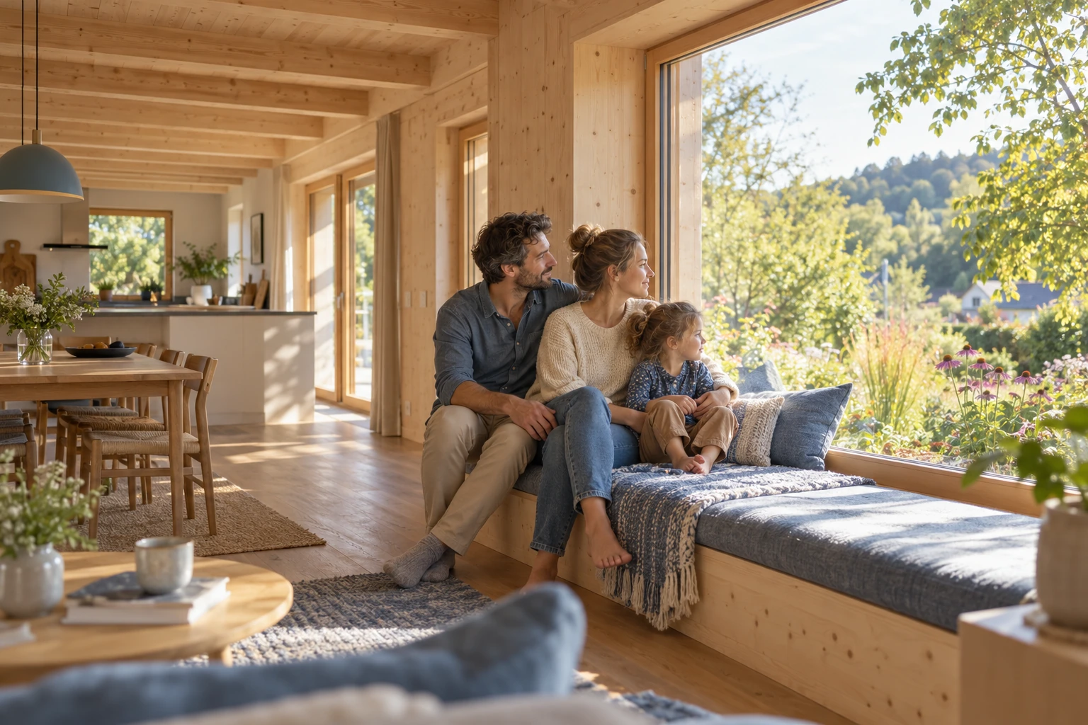 Eine Familie sitzt im hellen Wohnraum eines Holzhauses am Fenster und schaut gemeinsam in den Garten.