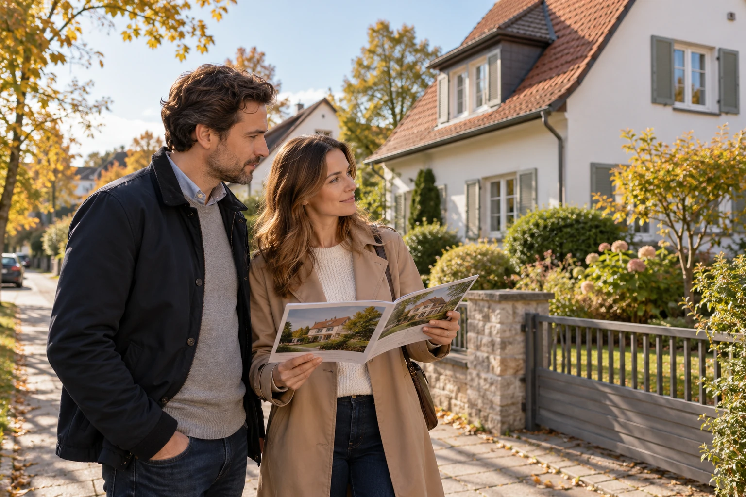 Ein Paar vergleicht ein Exposé mit einem Einfamilienhaus in einer ruhigen Wohnstraße.
