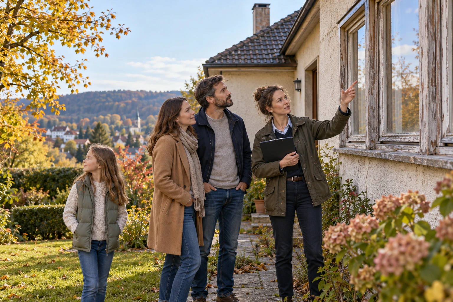 Eine Familie bespricht mit einer Fachberaterin den Zustand der Fenster an einem älteren Einfamilienhaus.