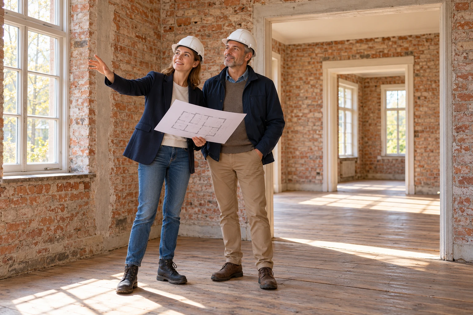 Eine Architektin und ein Eigentümer mit Schutzhelmen besprechen einen Plan im sicheren Eingangsbereich eines leeren Altbaus.