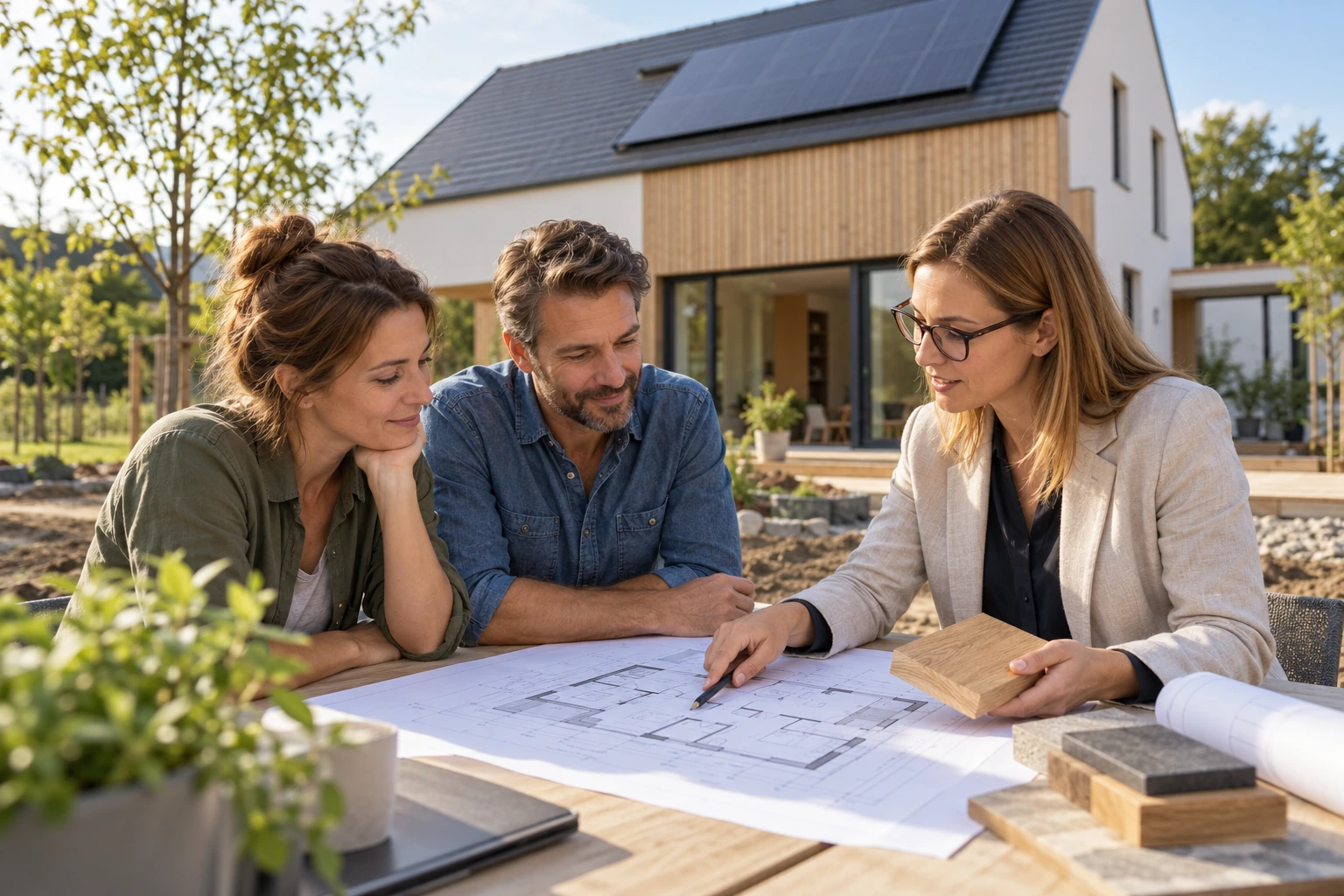 Ein Bauherrenpaar bespricht Pläne und Materialmuster mit einer Architektin vor einem neuen Haus mit Solardach.