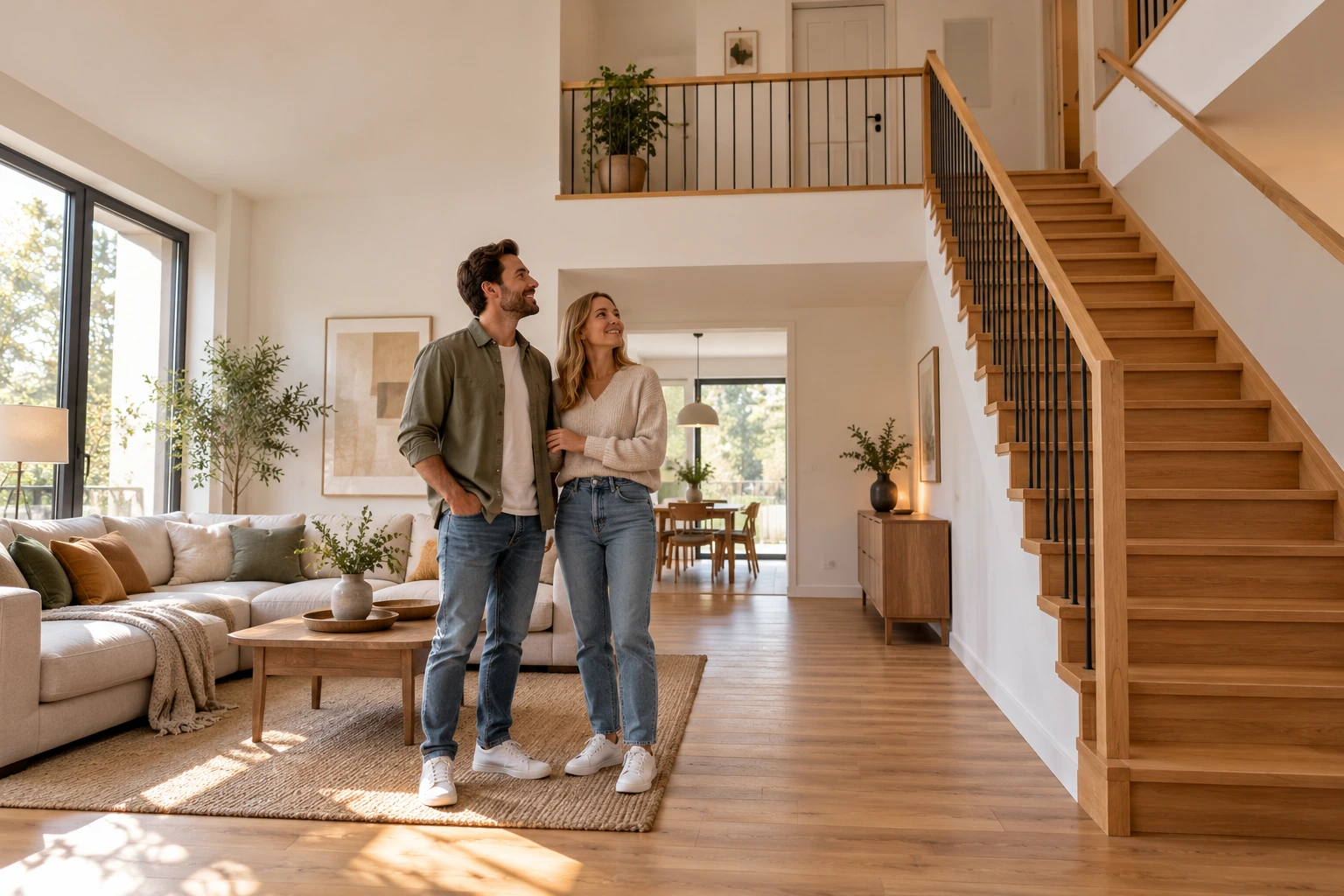 Ein Paar betrachtet eine helle Maisonettewohnung mit Wohnbereich, innerer Holztreppe und oberer Ebene.