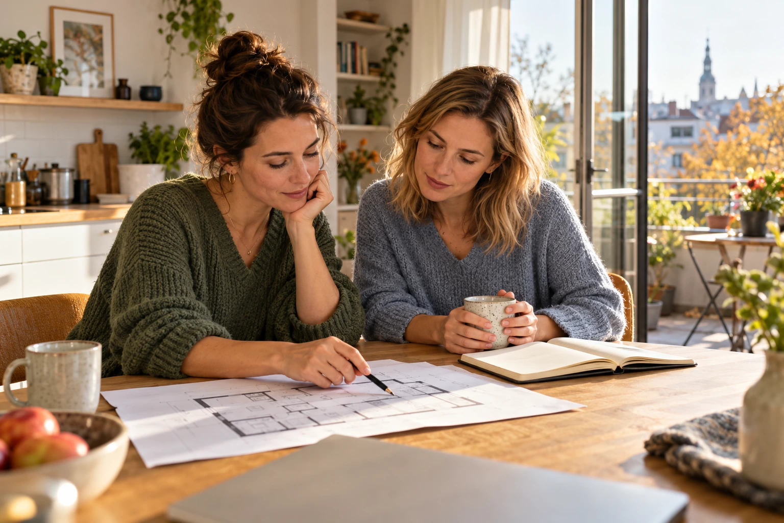 Zwei Frauen vergleichen am Küchentisch einen Wohnungsgrundriss und ihre Wohnpläne.