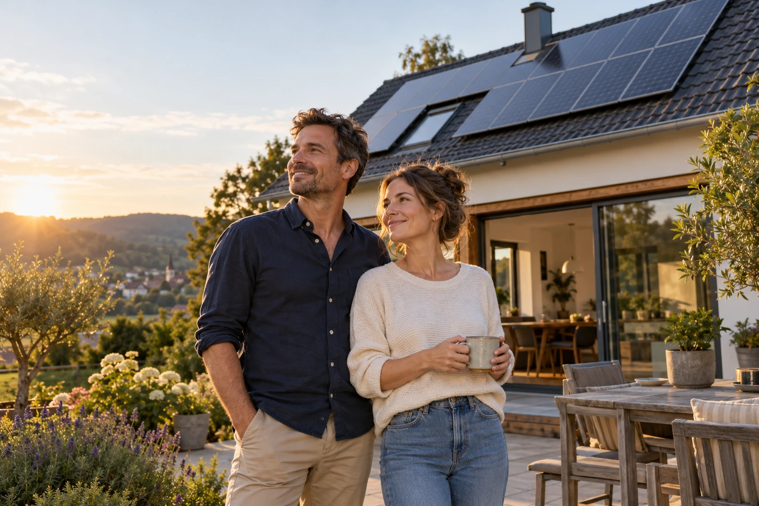 Ein Paar auf seiner Terrasse vor dem eigenen Haus mit einer Photovoltaikanlage auf dem Dach.